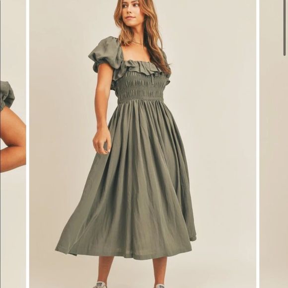 mable Dresses & Skirts - MABLE BENNIE RUFFLED MIDI DRESS Puff sleeve bodice smocked detail ruffle midi